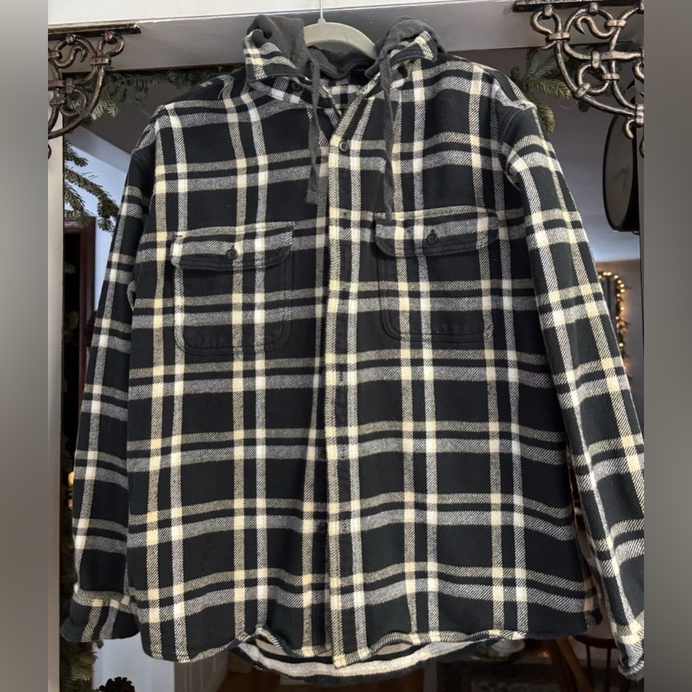 American Eagle Men’s Large Flannel Shirt Hood Heavy Duty Black/Tan Plaid Shacket